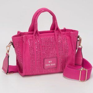 Fuchsia Pink Rhinestone Mini Tote Crossbody Bag | Sparkly Canvas Zip Purse NEW